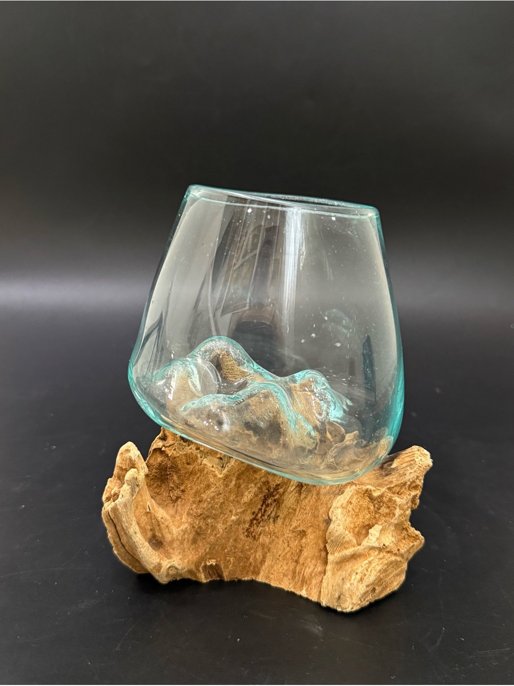 Handcrafted Molten Glass Vase Bowl on Custom Molded Organic Teak Driftwood Base